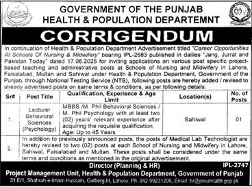 Lecturer Jobs in Health & Population Department Lahore
